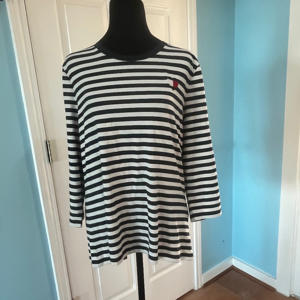 Tommy Hilfiger Women's White Navy Striped 3/4 Sleeve Top Sz L Heart